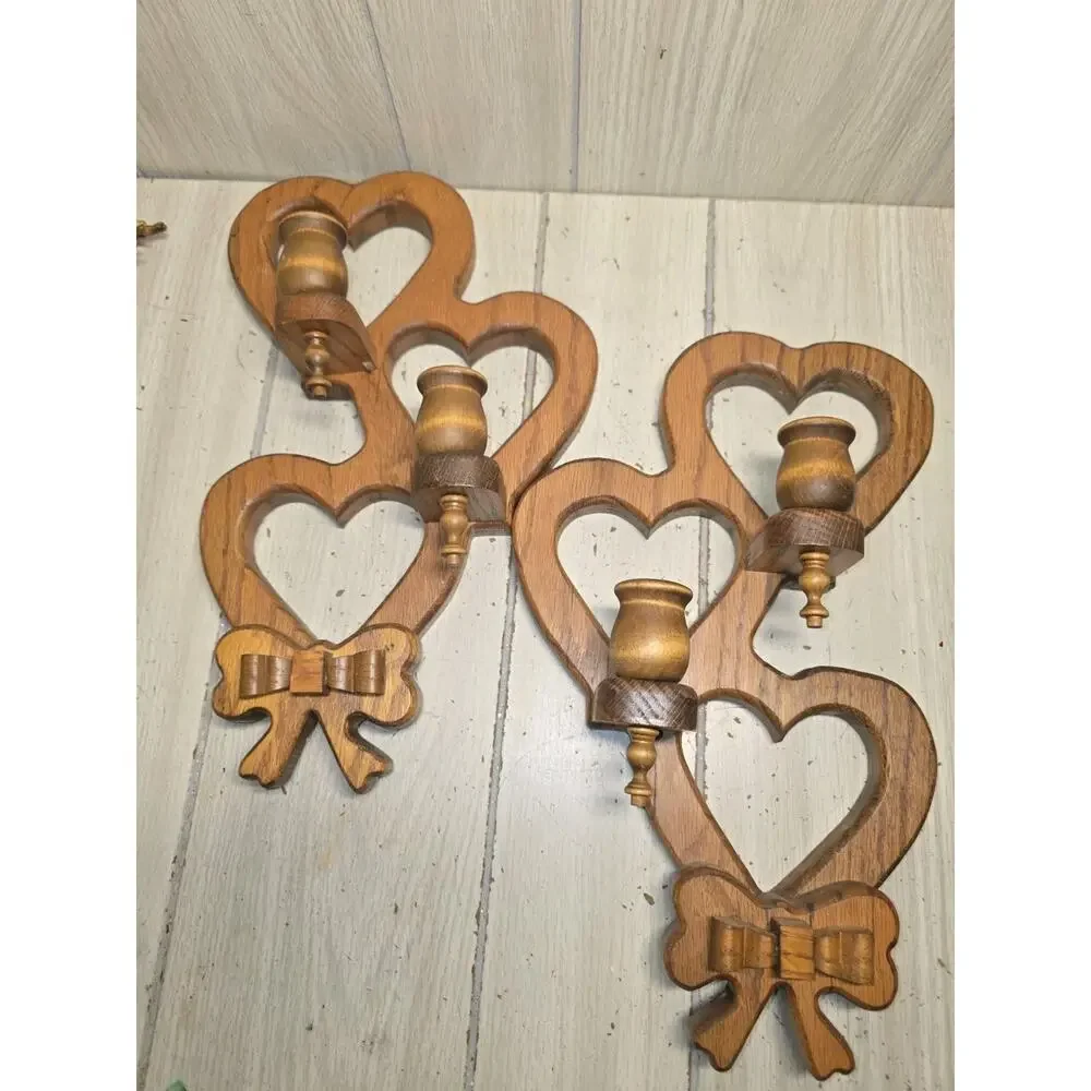 Vtg 1980s Triple Heart Wood Wall Sconces Handmade Set Of 2 Cottagecore Heritage